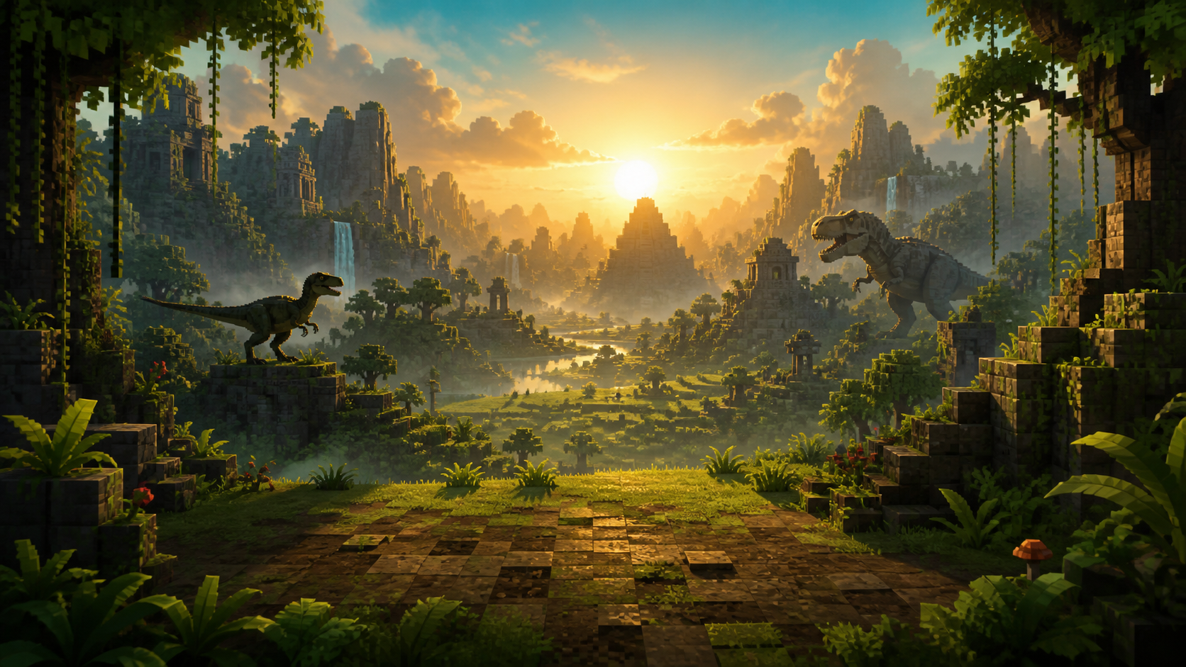 Vale pré-histórico do Mine Dinosaur com dinossauros, blocos e ruínas