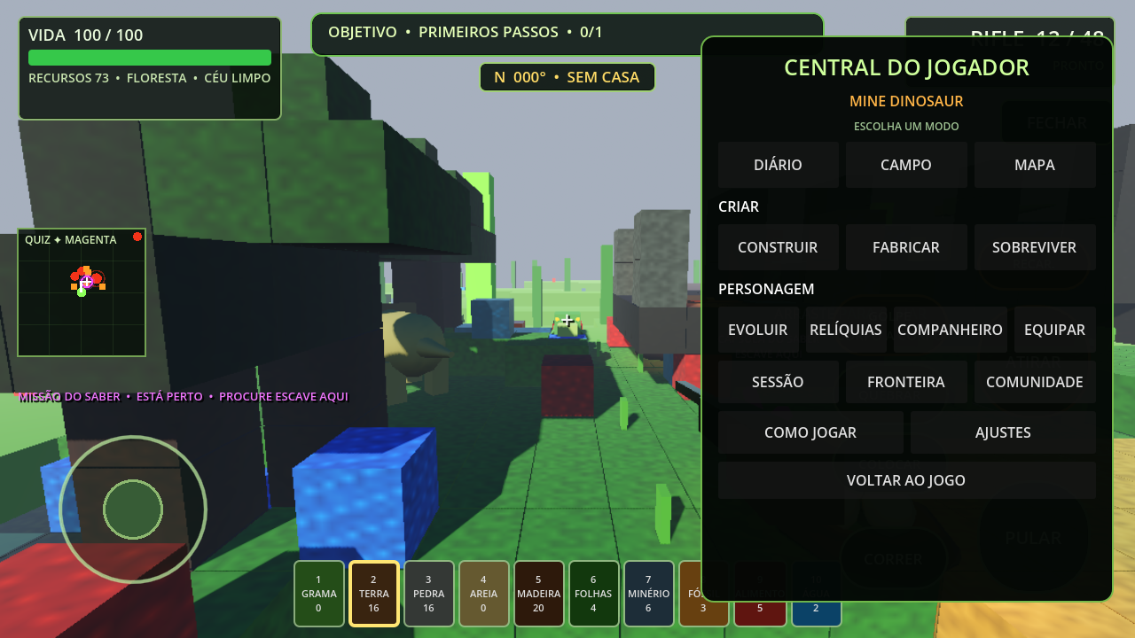 Central do Jogador aberta sobre a partida, com acessos ao diário, campo, mapa, construção, fabricação e ajustes
