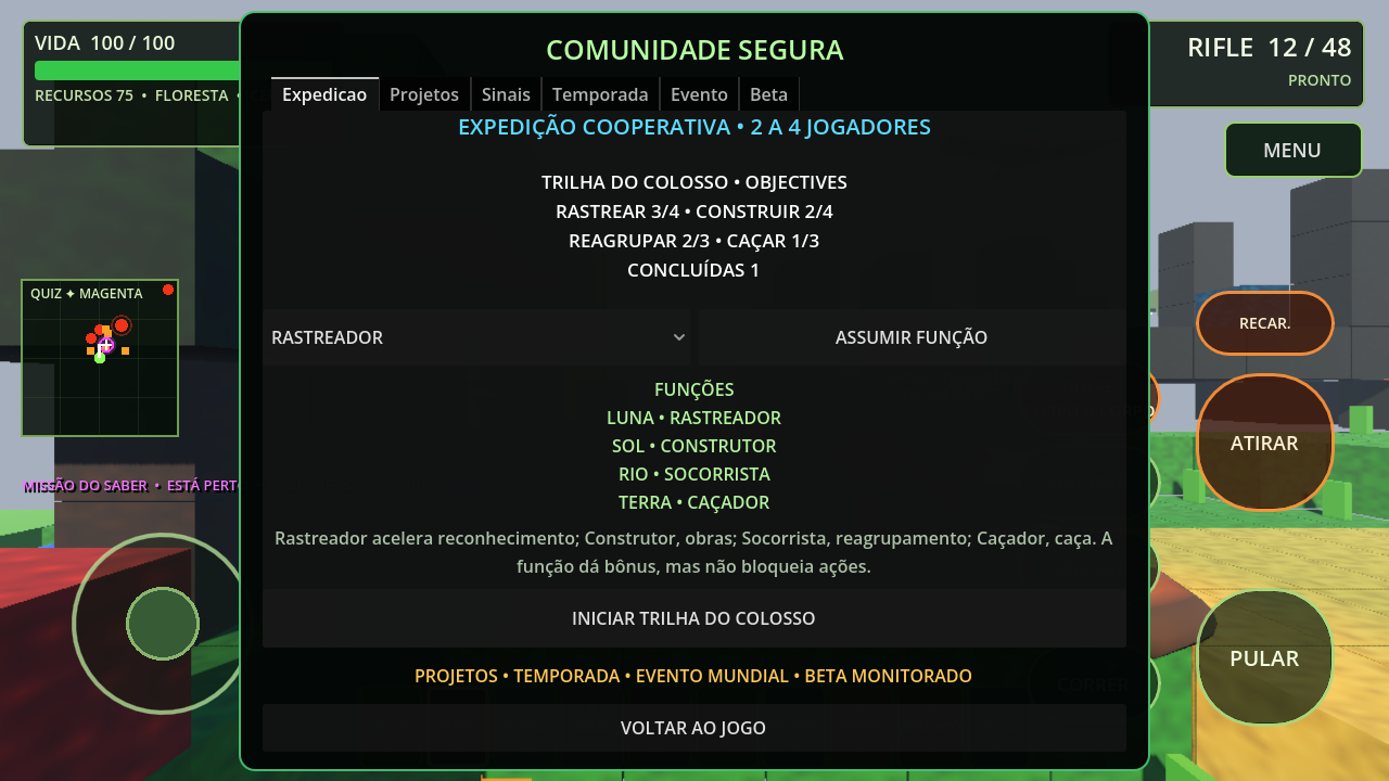 Tela real da Comunidade mostrando a expedição Trilha do Colosso, funções e objetivos cooperativos