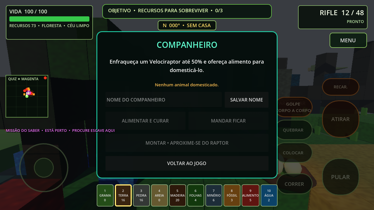 Tela real de companheiro explicando como enfraquecer e domesticar um Velociraptor