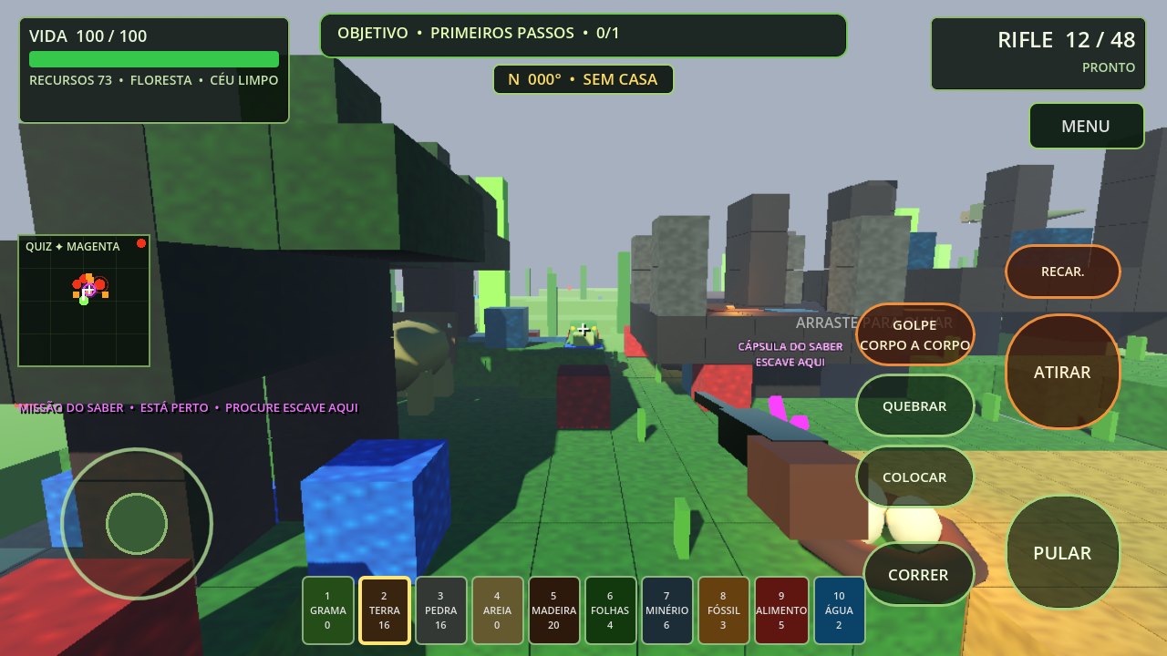 Tela real do Mine Dinosaur no Android com HUD de vida, objetivo, munição, minimapa, joystick, ações e inventário