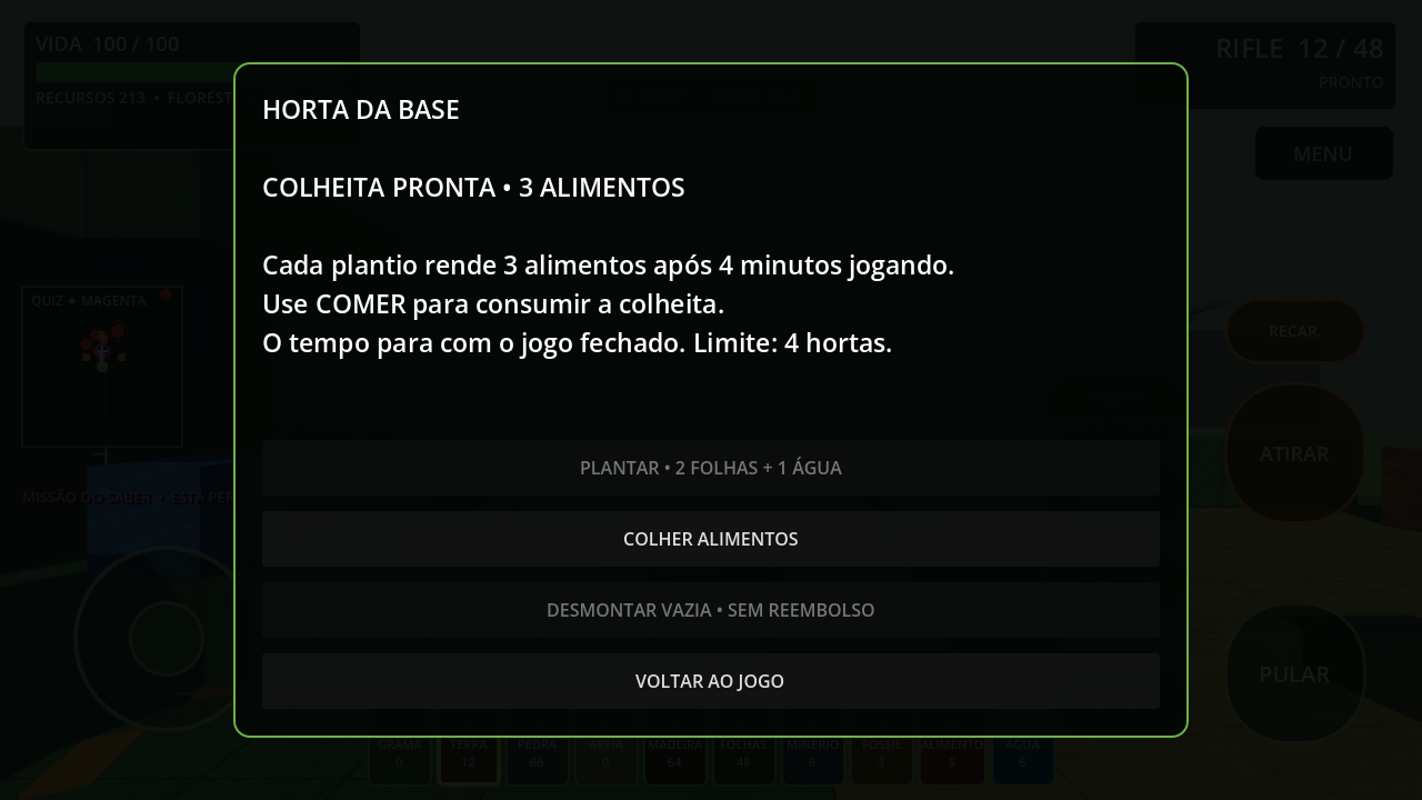 Tela real da horta pronta com três alimentos para colher
