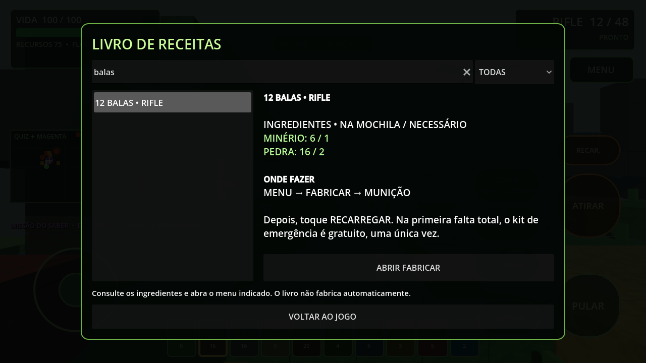 Livro de receitas real dentro do Mine Dinosaur mostrando busca, inventário, ingredientes e onde fabricar