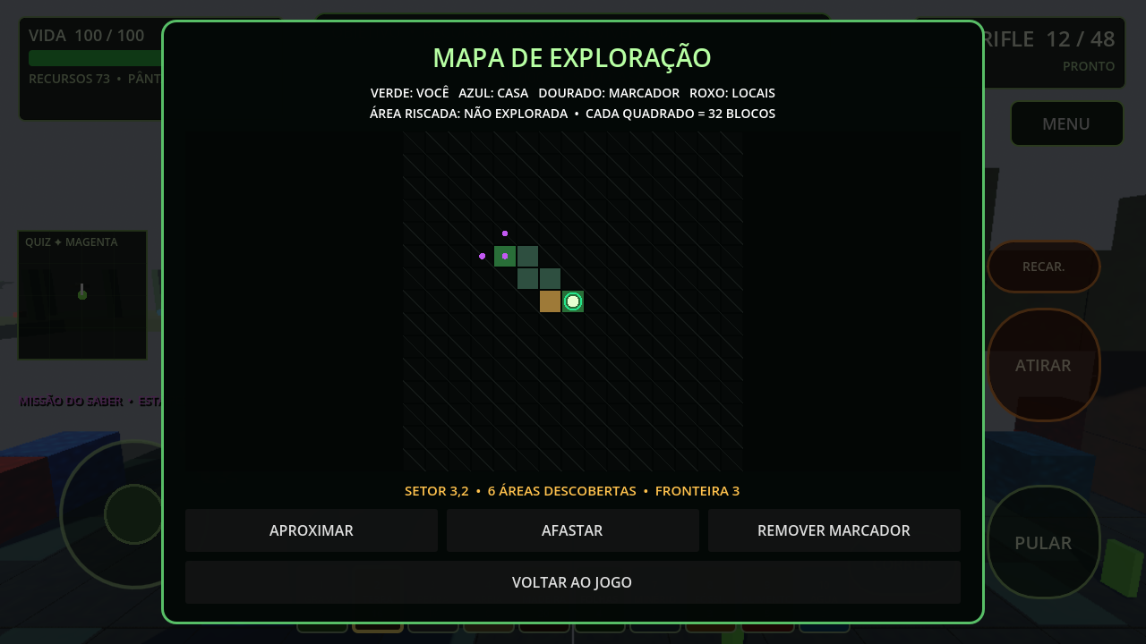 Mapa real de exploração com áreas descobertas, jogador, casa, marcador e regiões ainda desconhecidas