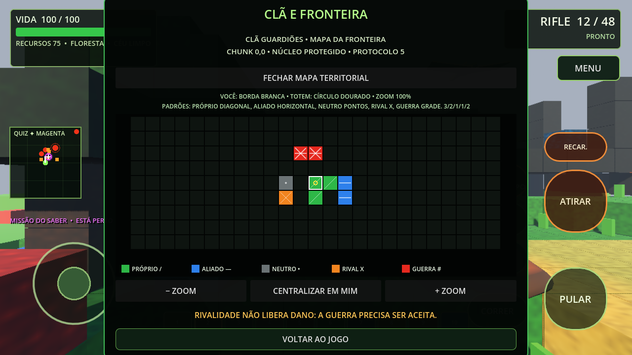 Mapa territorial real com cores, padrões, legenda, posição do jogador e controle de zoom