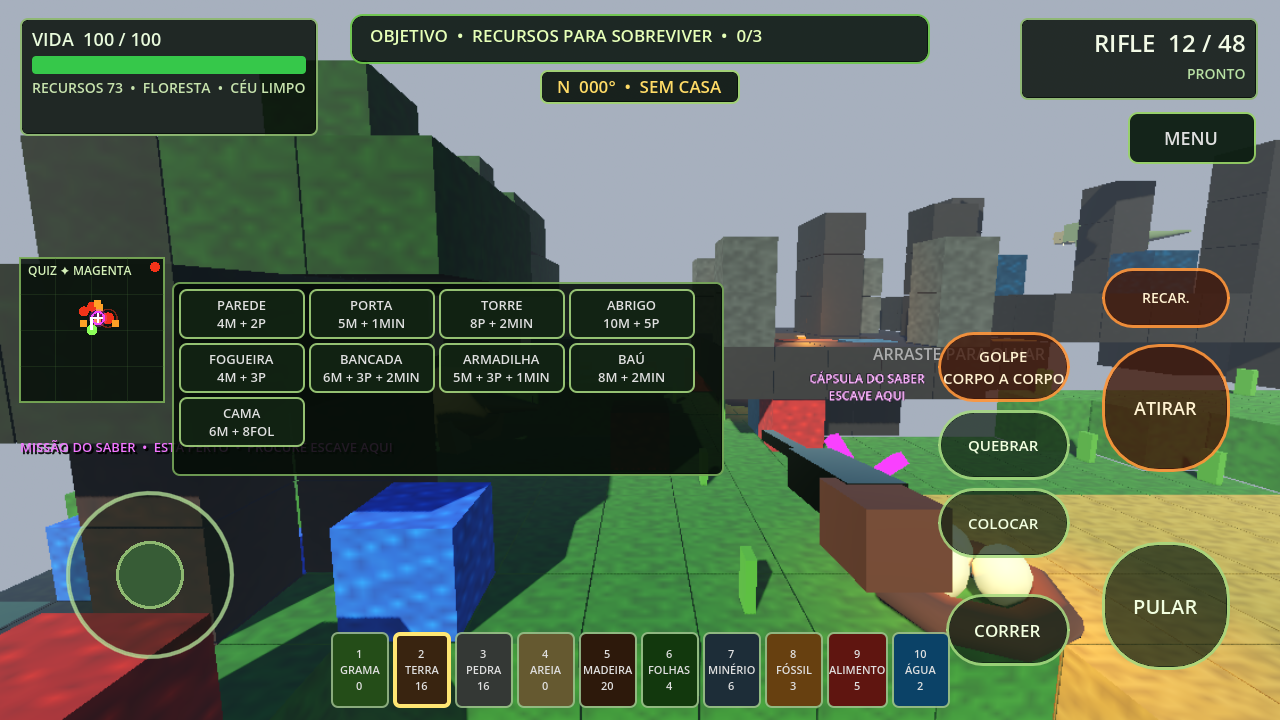Menu real de construção mostrando parede, porta, torre, abrigo, fogueira, bancada, armadilha, baú e cama