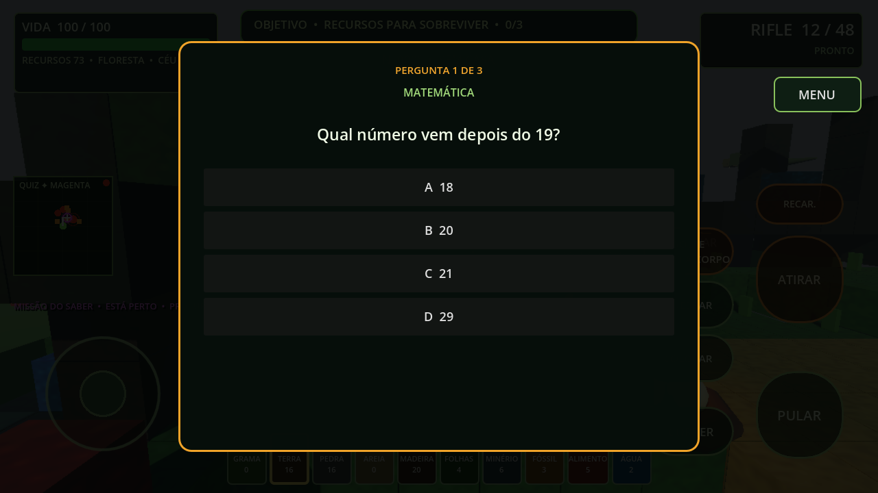 Quiz real da Missão do Saber com pergunta de matemática e quatro alternativas