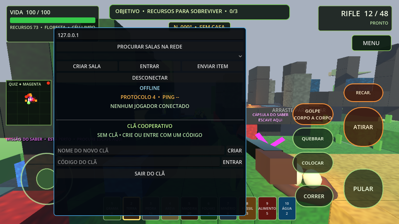 Tela real de sessão multiplayer e clã cooperativo com opções de criar sala, entrar e gerenciar clã
